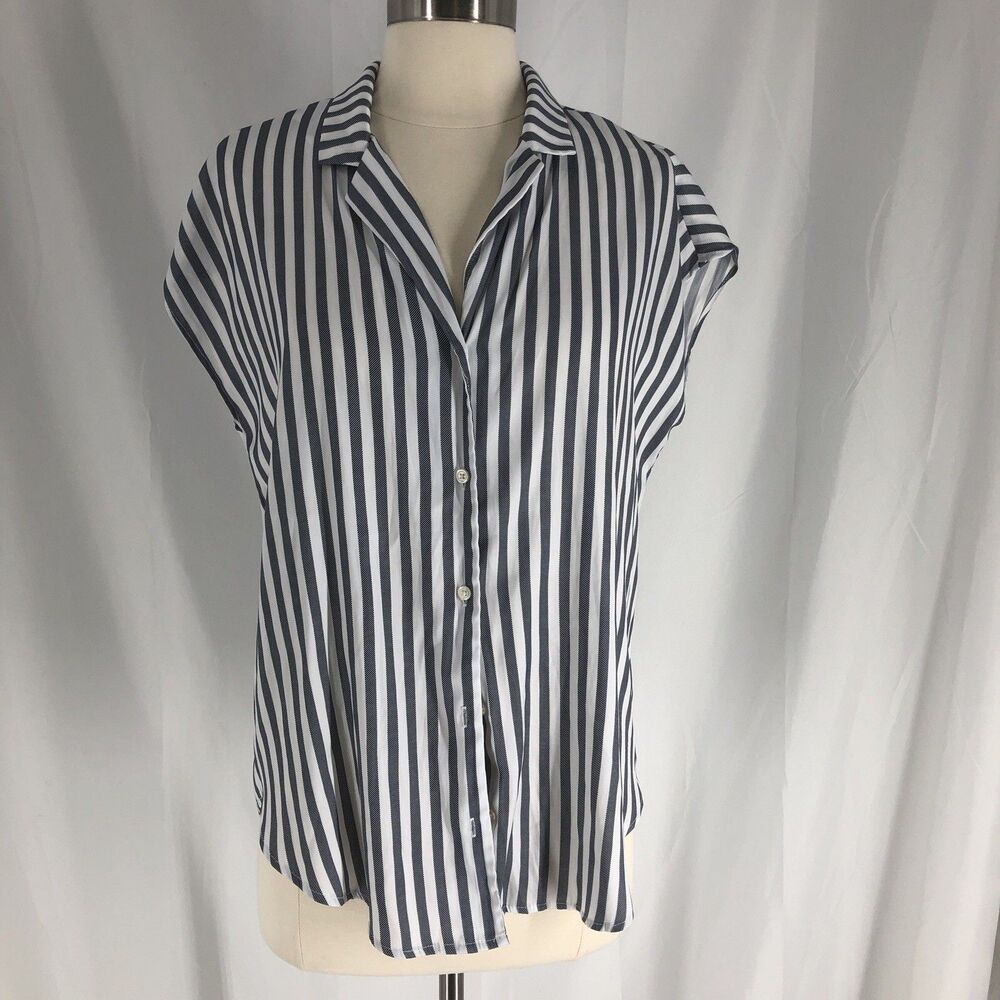 T Tahari Summer Blue White Striped Button Up Lightweight Shirt Size Medium